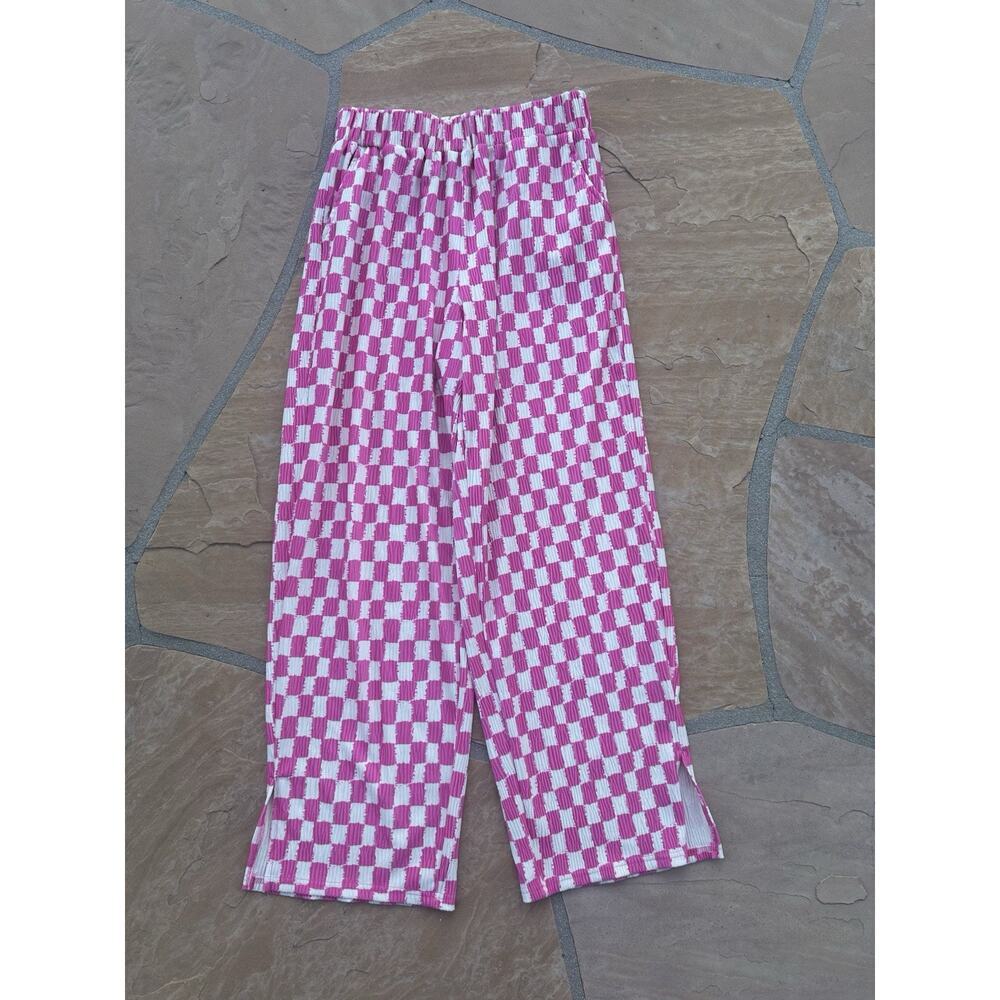 Friful Pink Gingham Print Pull On Elastic Waist Comfort Pants Sz XXL